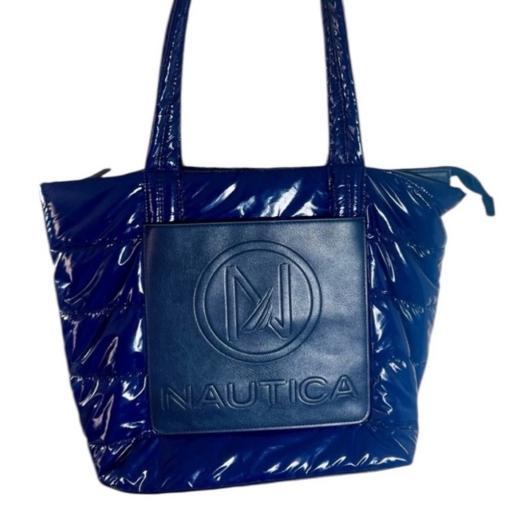 Electric Blue Quilted Puffy Shiny Nylon Logo Embellished Weekend Tote - Picture 3 of 6